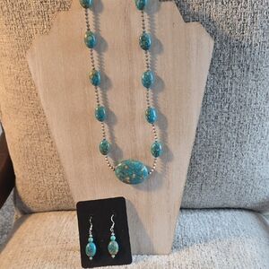 Turquoise Howlite 22" Beaded Necklace and 1"  Earring Set With Silvertone Beads